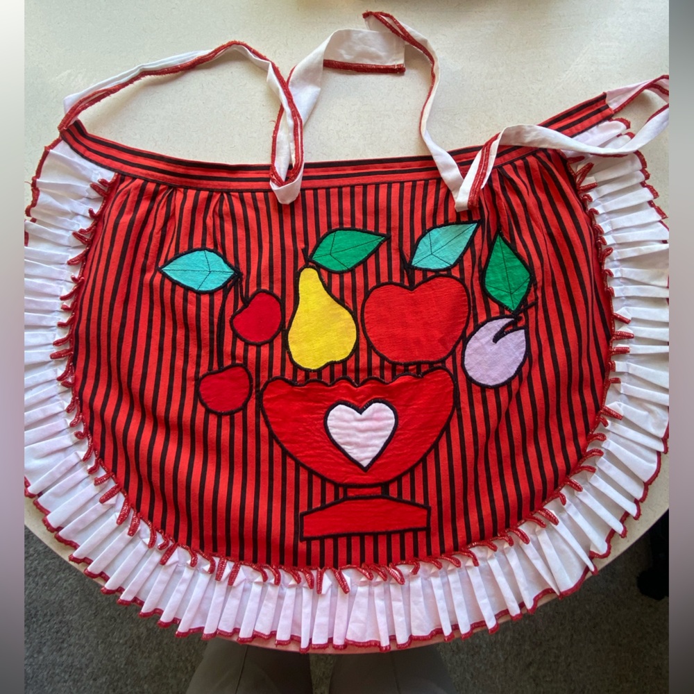 Vintage Red Apron with Fruit Design with pocket in the front